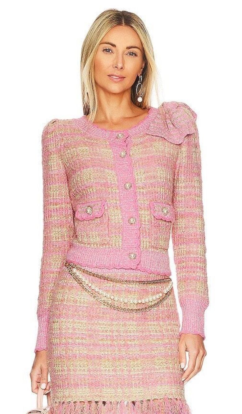 Loveshack Fancy Chantria Pink Tweed Button Front Cardigan Crop Large women
